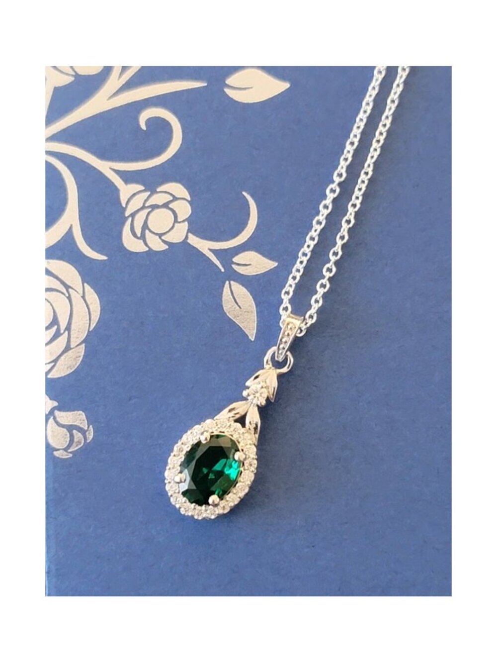 Emerald Green Oval Moissanite Halo Necklace 925 Silver 20" NWT